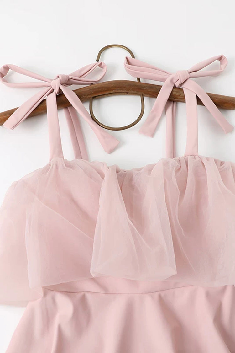 Pink Sleeveless Ruffled Lace-Up Sweet Japanese Lolita One-Piece Swimsuit - Product - 4