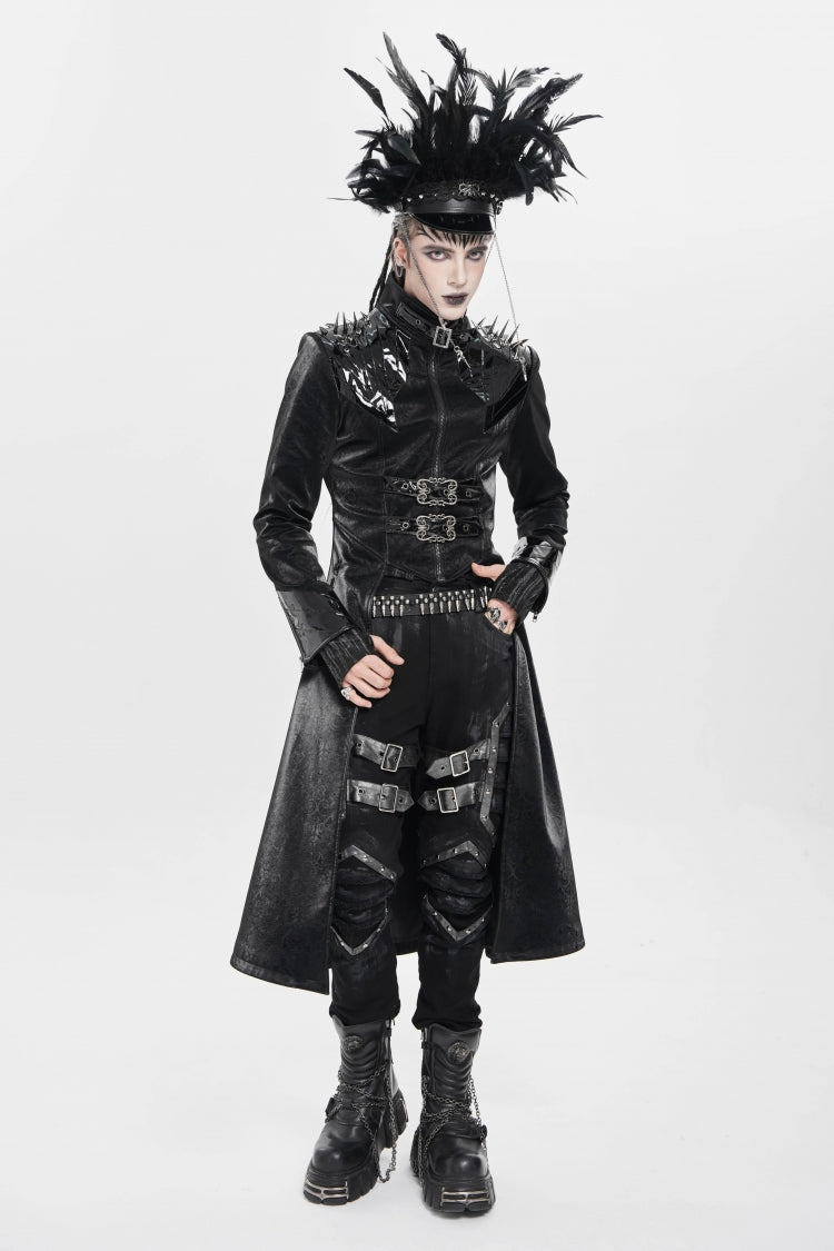 Black Stand Collar Floral Print Rivet Buckle Zipper Straps Men's Punk Coat - Product - 7