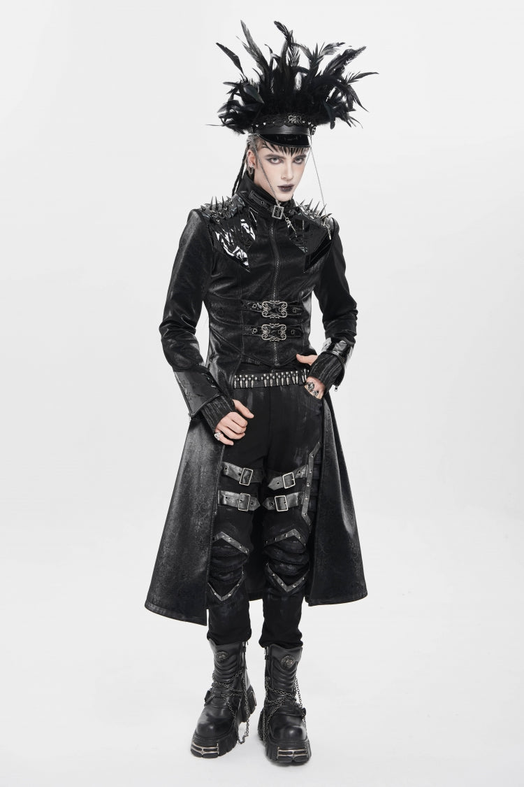 Black Stand Collar Floral Print Rivet Buckle Zipper Straps Men's Punk Coat - Product - 7