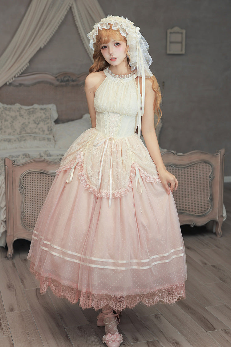 [Tulip Scent] Halterneck Sleeveless Printed Ruffled Lace Lace-Up Fishbone Sweet Lolita Jsk Dress Set (Pink/Purple 2 Colors) - Product - 16