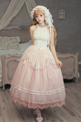 [Tulip Scent] Halterneck Sleeveless Printed Ruffled Lace Lace-Up Fishbone Sweet Lolita Jsk Dress Set (Pink/Purple 2 Colors) - Product - 16