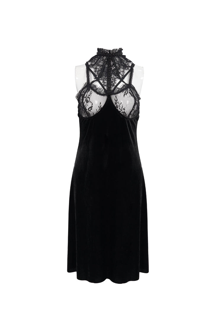 Black Turtleneck Perspective Lace Slit Velvet Sexy Women's Gothic Dresses - Product - 6