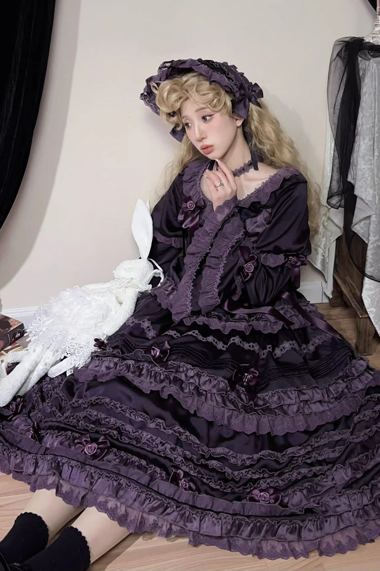 Purple Layered Blackcurrant Short Sleeves Ruffle Bowknot Lace Sweet (Set) detail view 2