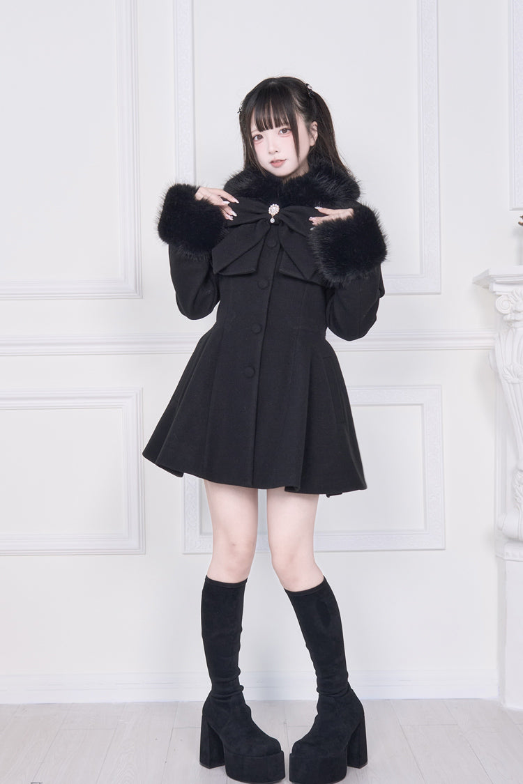 Black Plush Collar Long Sleeves Bowknot Japanese Sweet Lolita Coat - Product - 8