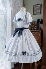 White Navy Stripe Print Short Sleeves Ruffle Embroidery Sweet Lolita Dress - Product - 16