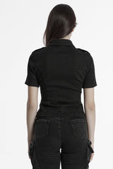 Black Lapel Collar Long Sleeves Lace-Up Women's Punk Military Blouse - Product - 3