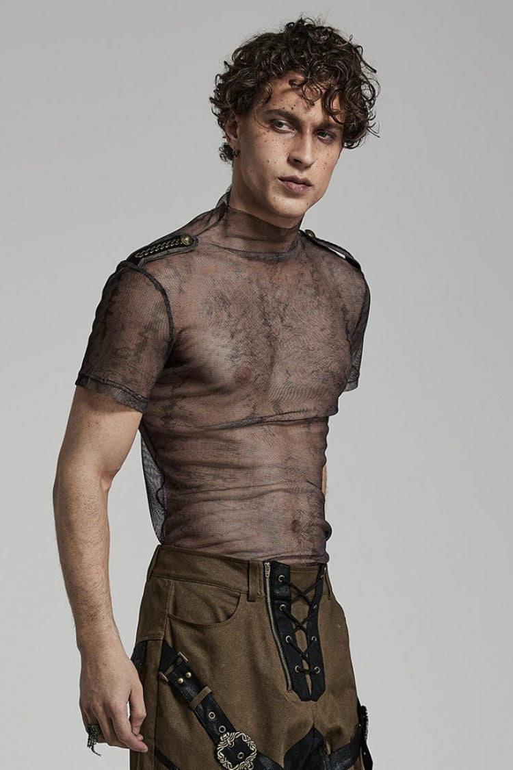 Stand Collar Short Sleeves Print Slim Mens Steampunk T-Shirt 2 Colors - Product - 2
