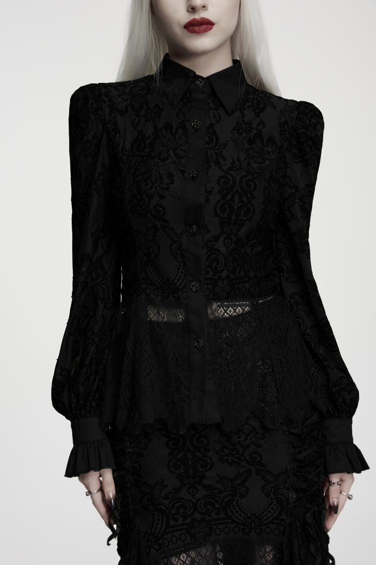 Black Lapel Collar Long Sleeves Embroidered Lace Lace-Up Women's Gothic Elegant Blouse - Black - 1