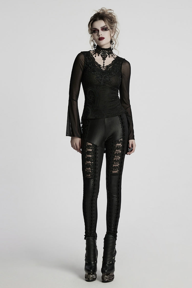 Black V Collar Embroidery Lace Lace-Up Women's Gothic Blouse - Product - 4