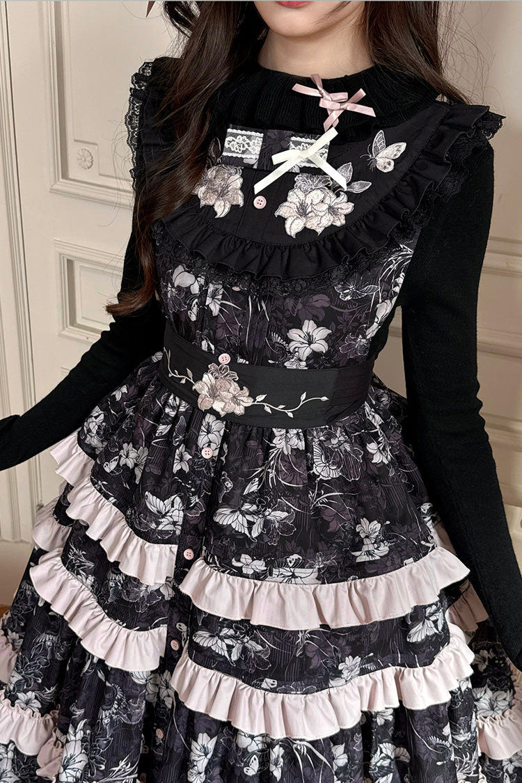 Black [Sacred Heart Lily] Round Collar Sleeveless Multi-Layered Printed Ruffled Embroidered Sweet Chinese Inspired Lolita Jumper Dress - Product - 15