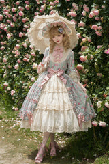 Green [Lilica Garden] Lapel Collar Short Trumpet Sleeves Flower Wall Printed Ruffled Open-Front Bow Lace Sweet Elegant Luxurious Lolita Dress - Green - 1