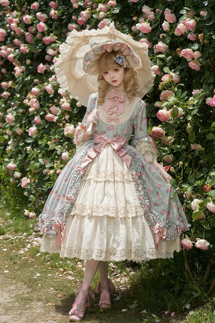 Green [Lilica Garden] Lapel Collar Short Trumpet Sleeves Flower Wall Printed Ruffled Open-Front Bow Lace Sweet Elegant Luxurious Lolita Dress - Green - 1