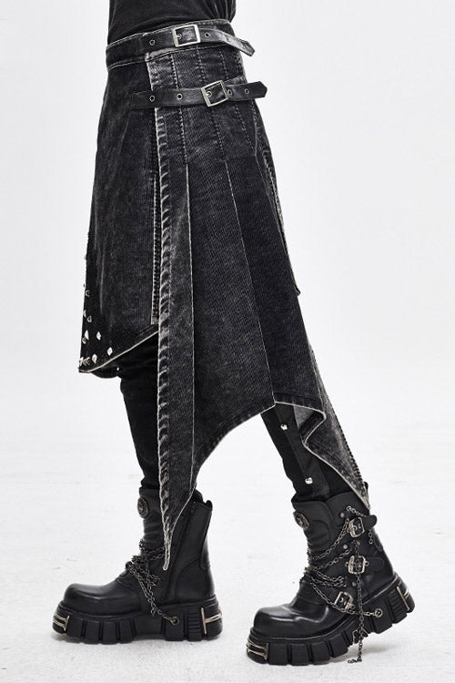 Black Band Metallic Nailed Punk Rock Worn Corduroy Wrapped Mens Skirt With Loops - Product - 3