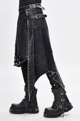 Black Band Metallic Nailed Punk Rock Worn Corduroy Wrapped Mens Skirt With Loops - Product - 3