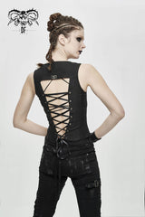 Black Lace Up Double Loops Front Shoulder Backless Women's Punk Waistcoat - Product - 3