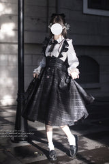 Black Plaid Print Classic College Style Elegant Lolita Strap Dress - Product - 6