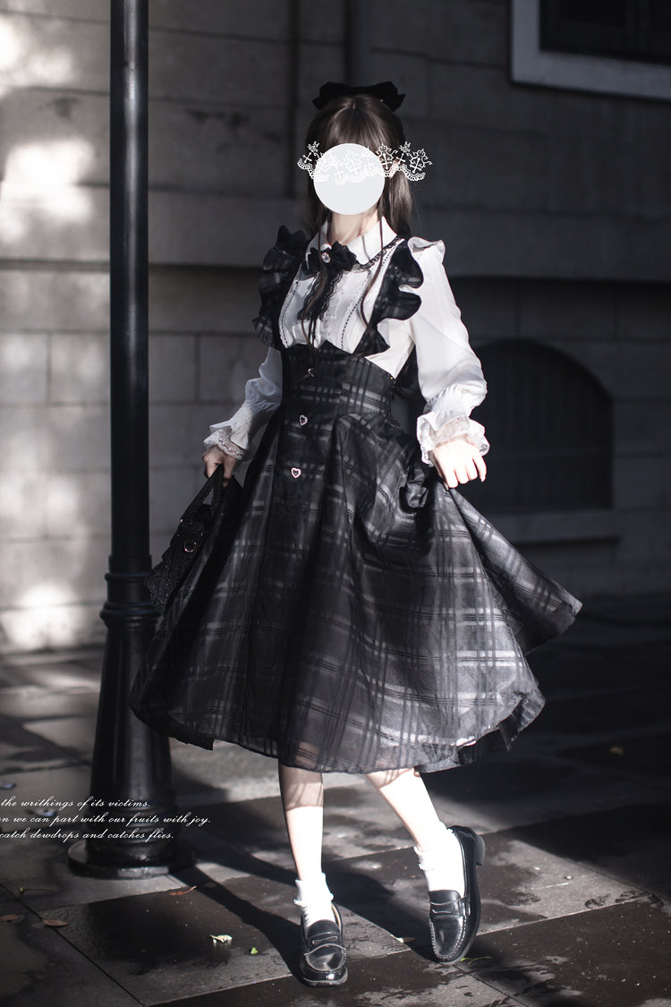 Black Plaid Print Classic College Style Elegant Lolita Strap Dress - Product - 6