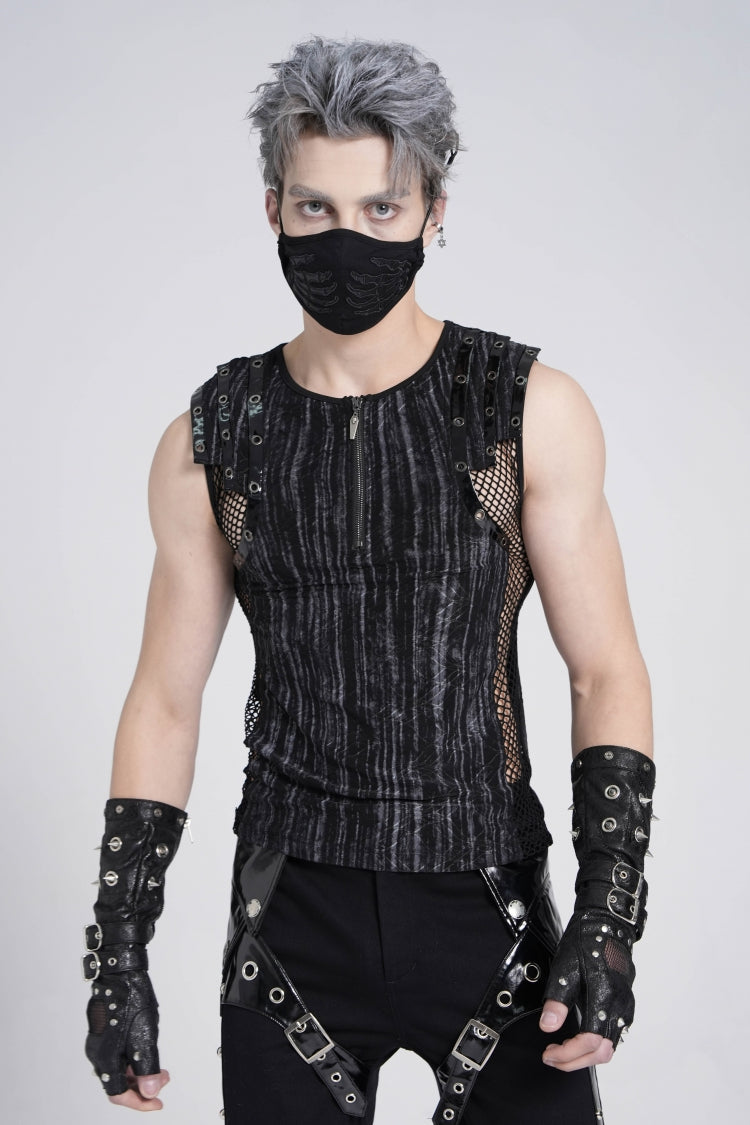 Black Sleeveless Ribbed Print Stitching Mesh Zipper Men's Gothic Vest - Black - 1