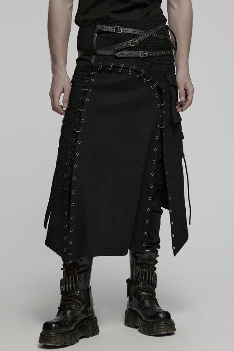 Black Faux Leather Stitching Lace-Up Irregular Mesh Men's Gothic Kilt - Black - 1
