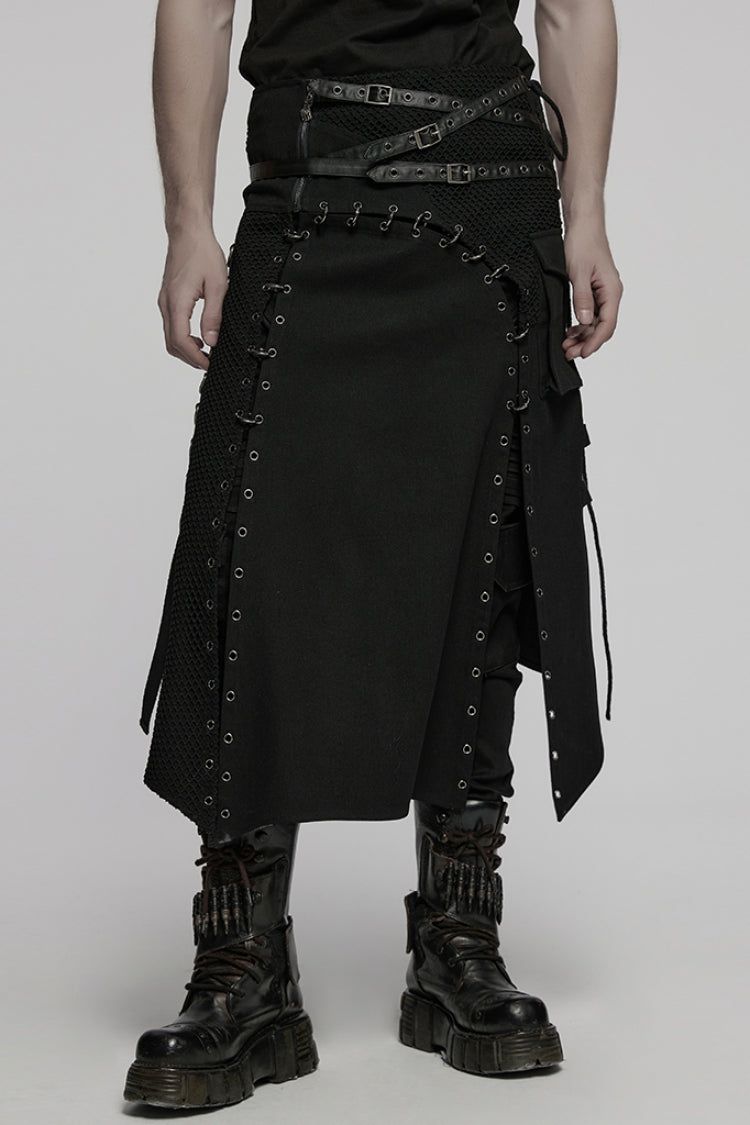 Black Faux Leather Stitching Lace-Up Irregular Mesh Men's Gothic Kilt - Black - 1