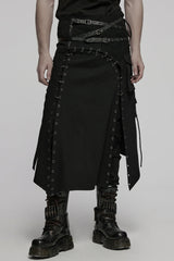 Black Faux Leather Stitching Lace-Up Irregular Mesh Men's Gothic Kilt - Black - 1