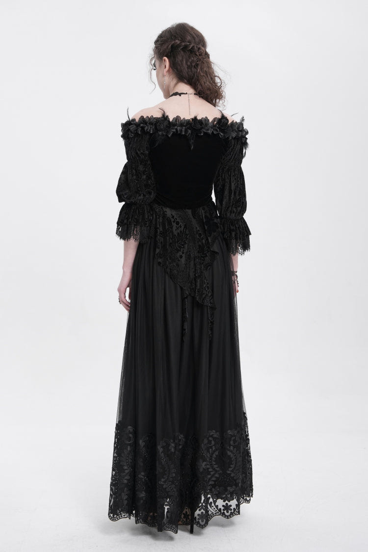 Black Off Shoulder Long Sleeves Ruffle Embroidery Lace-Up Women's Gothic Blouse - Product - 12
