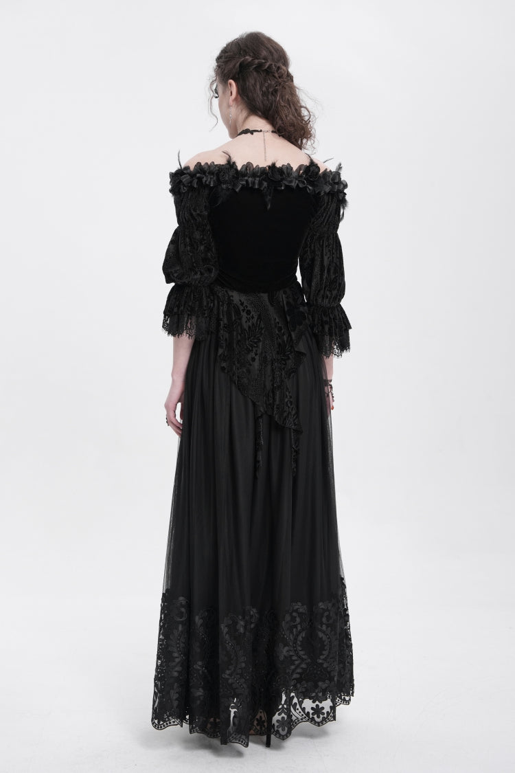 Black Off Shoulder Long Sleeves Ruffle Embroidery Lace-Up Women's Gothic Blouse - Product - 12
