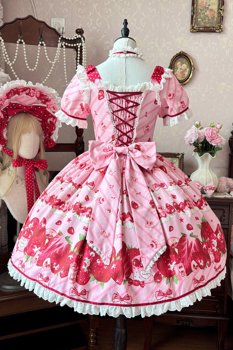 Pink [Strawberry Gift Box] Short Sleeves Print Ruffle Bowknot Lace Sweet Lolita Dress - Product - 4