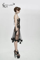 Black Translucent Rose Lace Mesh Hem Sling Women's Gothic Jumpsuit - Product - 3