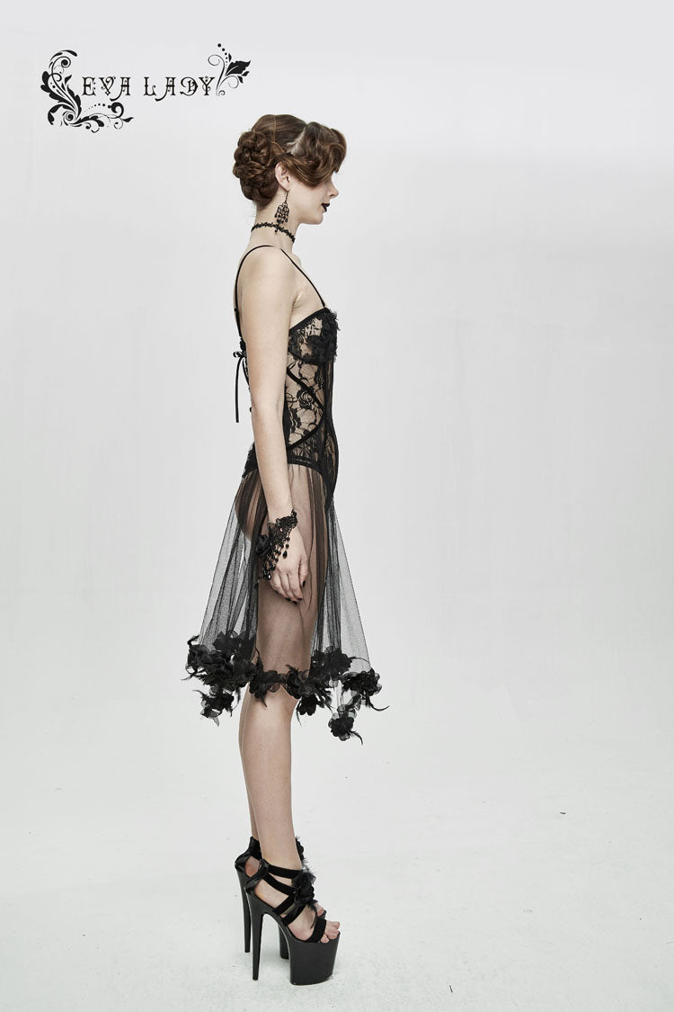 Black Translucent Rose Lace Mesh Hem Sling Women's Gothic Jumpsuit - Product - 3