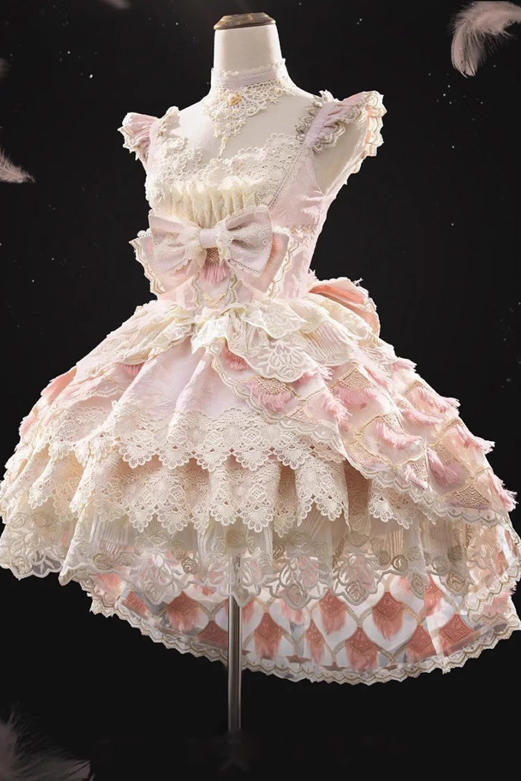 Pink [Peacock Feather] Multi-Layered Ruffle Hanayome Cardigan Bowknot Lace Sweet Lolita Jsk Dress Set - Product - 8
