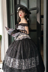 Black [Pin-Up Girl] Boat Neck Printed Ruffled Bow Lace-Up Asymmetric Gothic Elegant Lolita Skirt Set - Product - 7