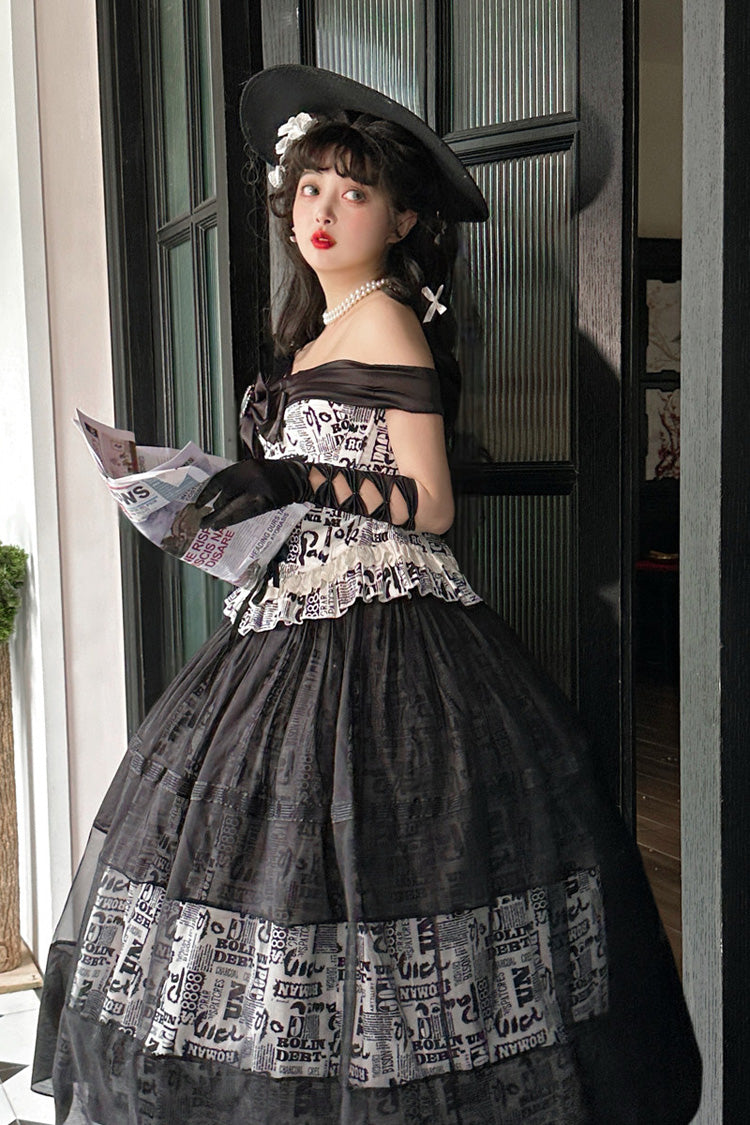 Black [Pin-Up Girl] Boat Neck Printed Ruffled Bow Lace-Up Asymmetric Gothic Elegant Lolita Skirt Set - Product - 7