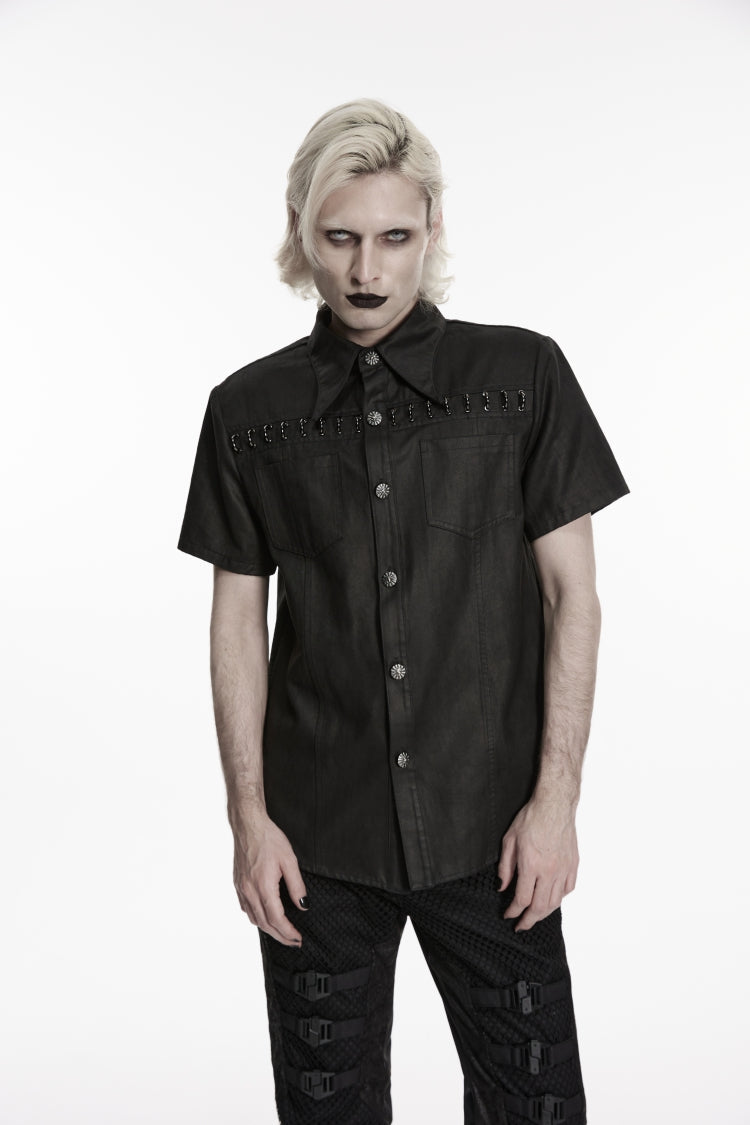 Black Rings  Lapel Collar Short Sleeves Men's Punk Shirt - Black - 1