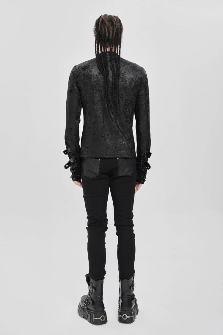 Black Stitching Lace-Up Mesh Chain Men's Punk Blouse - Product - 3
