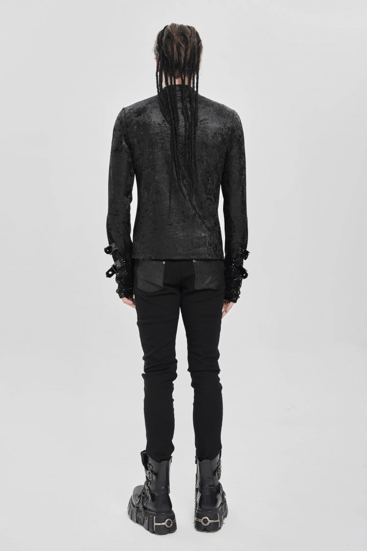 Black Stitching Lace-Up Mesh Chain Men's Punk Blouse - Product - 3