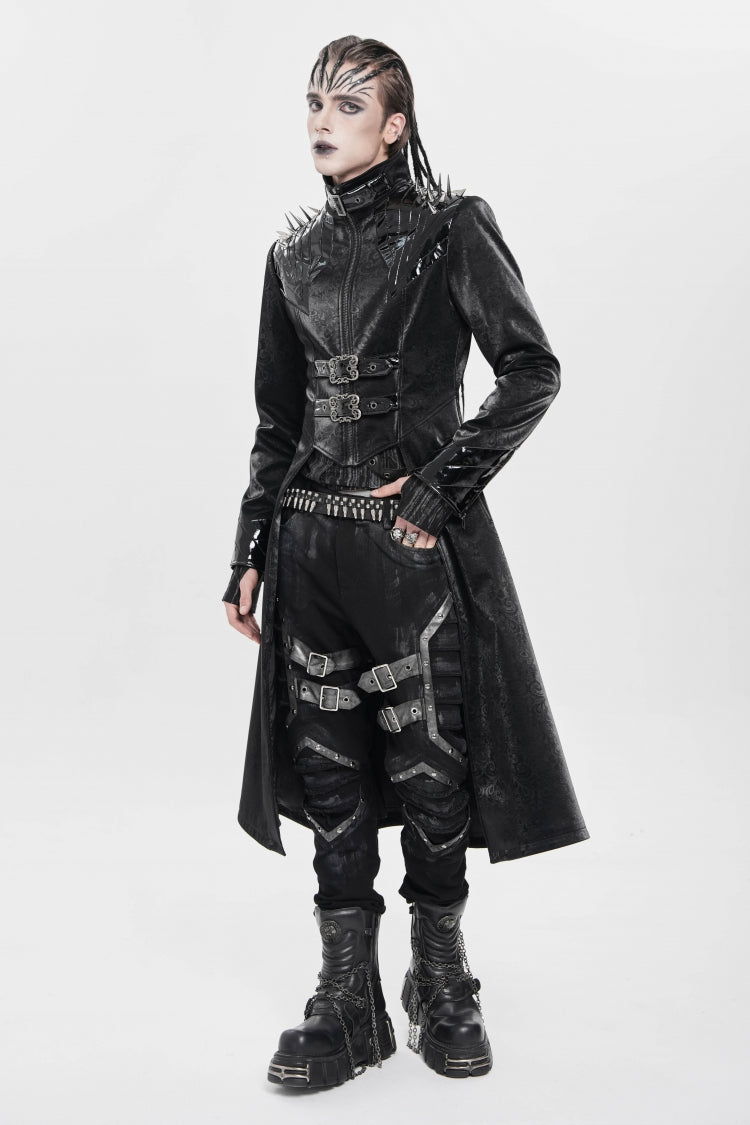 Black Stand Collar Floral Print Rivet Buckle Zipper Straps Men's Punk Coat - Product - 4