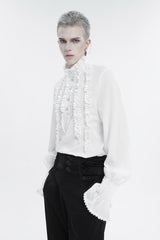 White Irregular Stand Collar Puff Sleeved Ruffled Men's Gothic Shirt - Product - 2