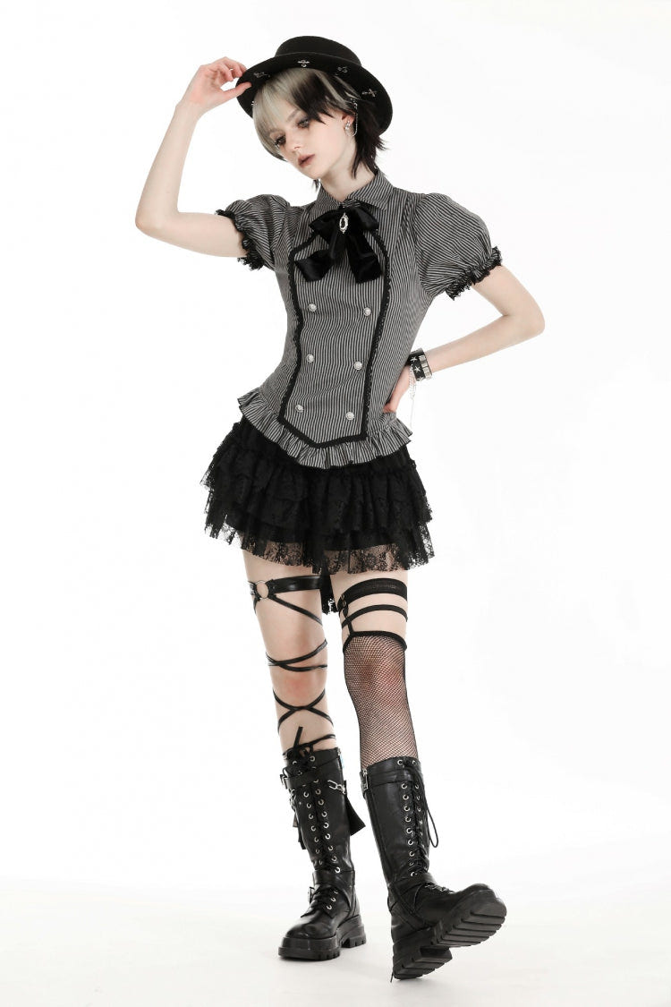 Black/Grey Short Puff Sleeves Lace-Up Striped Double-Breasted Women's Gothic College Style Blouse - Product - 8