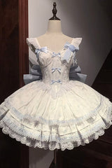 Blue [First Love Rose] Multi-Layered Print Ruffle Bowknot Lace Sweet Lolita Jsk Dress Set - Product - 9
