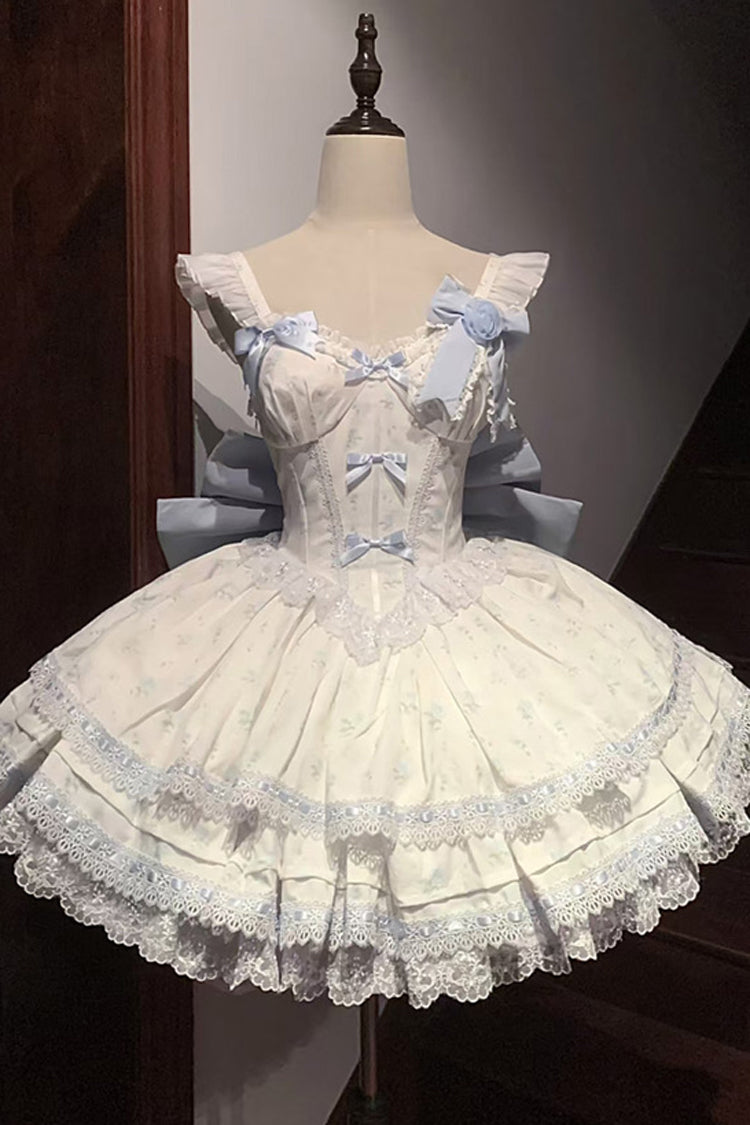 Blue [First Love Rose] Multi-Layered Print Ruffle Bowknot Lace Sweet Lolita Jsk Dress Set - Product - 9
