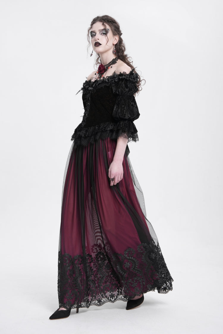 Red Off Shoulder Long Sleeves Ruffle Embroidery Lace-Up Women's Gothic Blouse - Product - 4