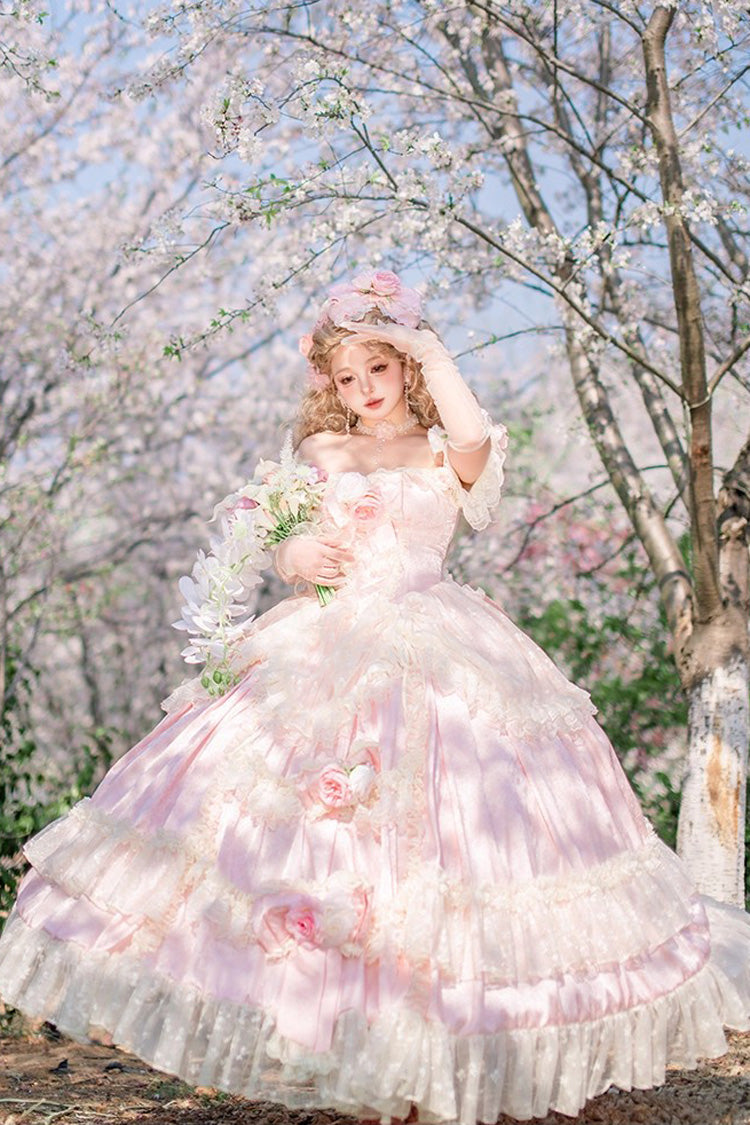 Pink [Love and Roses] Ruffle Hanayome Bowknot Lace Sweet Princess Lolita Jsk Dress - Product - 7
