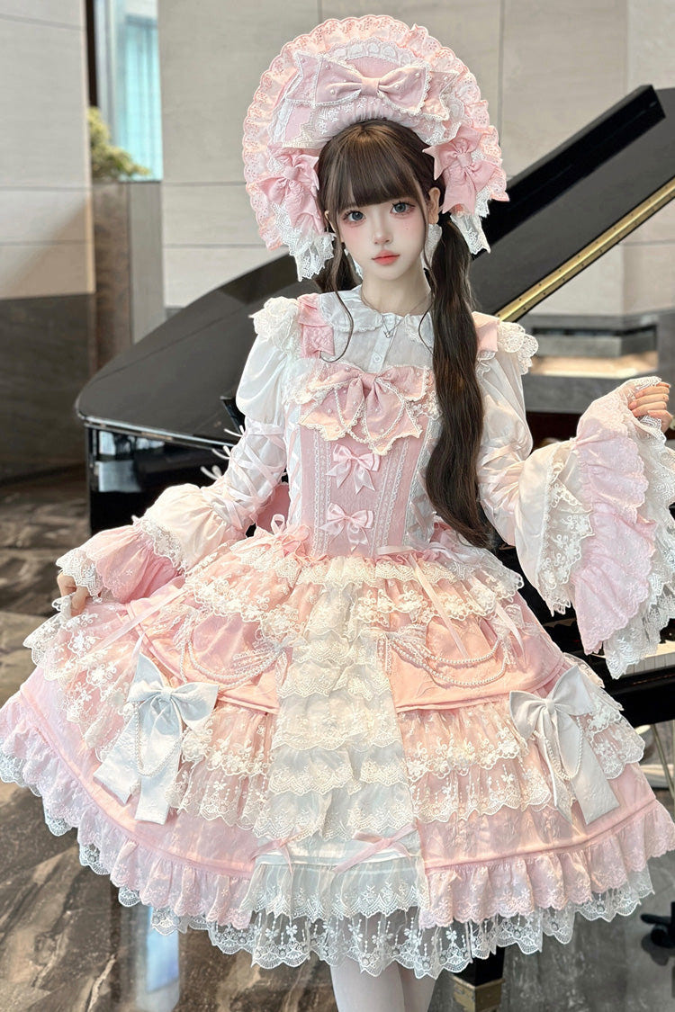 [Sakura Love] Multi-Layered Jacquard Ruffle Embroidery Cardigan Bowknot Lace Sweet Gorgeous Lolita Jsk Dress 3 Colors - Product - 7