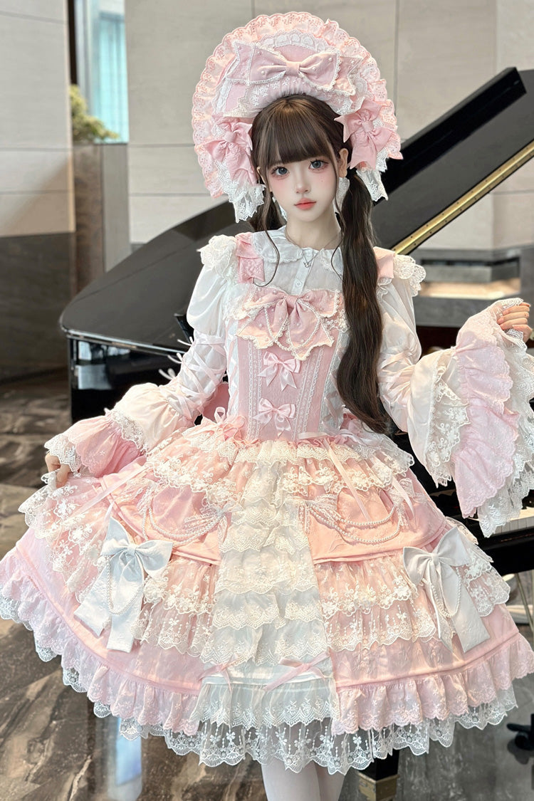 [Sakura Love] Multi-Layered Jacquard Ruffle Embroidery Cardigan Bowknot Lace Sweet Gorgeous Lolita Jsk Dress 3 Colors - Product - 7