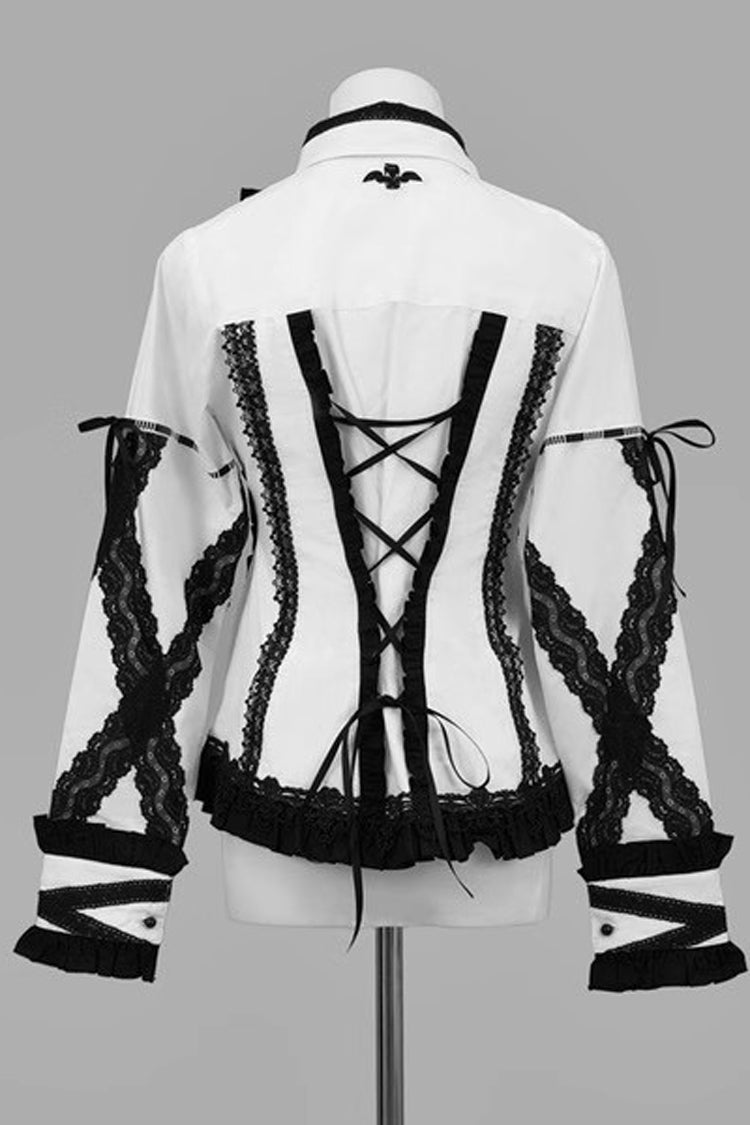 White/Black Lapel Collar Long Sleeves Embroidery Gothic Jirai Kei Blouse - Product - 4