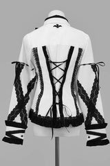 White/Black Lapel Collar Long Sleeves Embroidery Gothic Jirai Kei Blouse - Product - 4