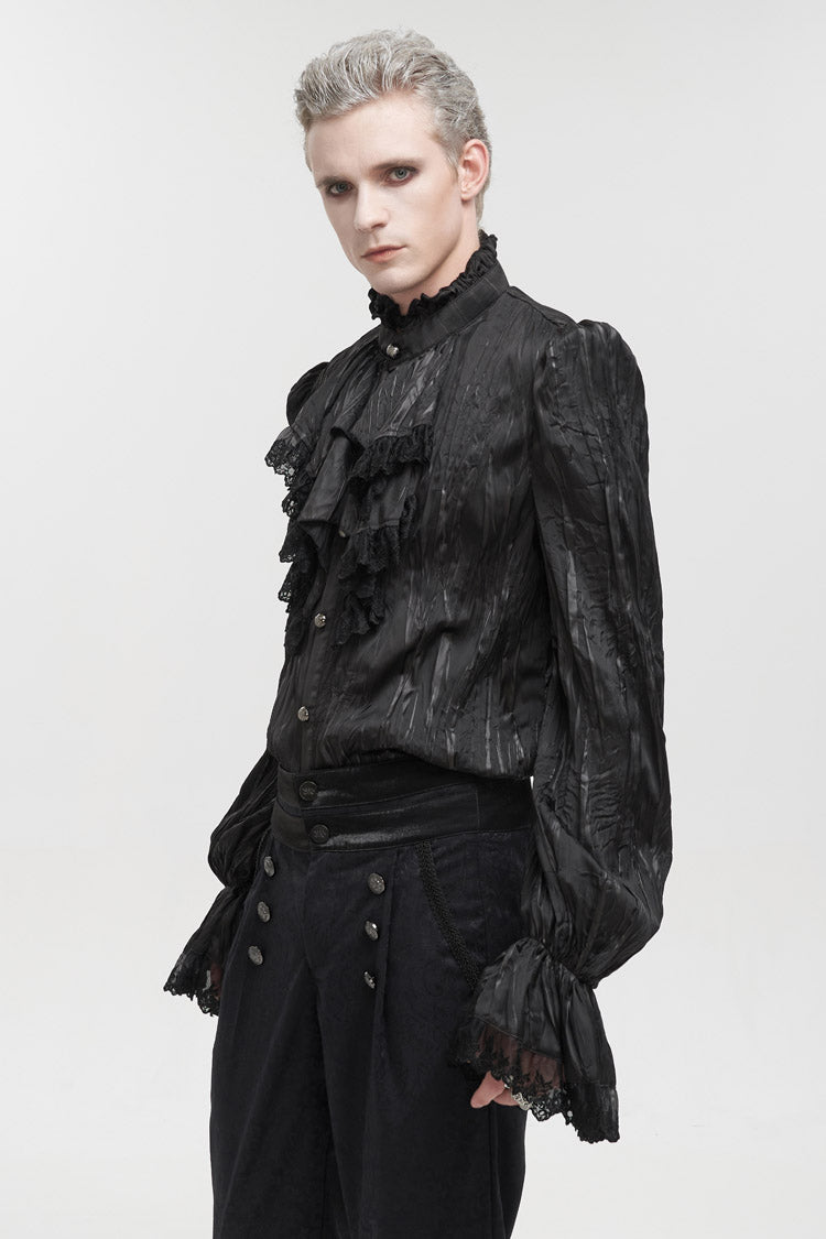 Black Vintage Stand Collar Striped Collar Floral Lace Men's Gothic Shirt - Product - 3
