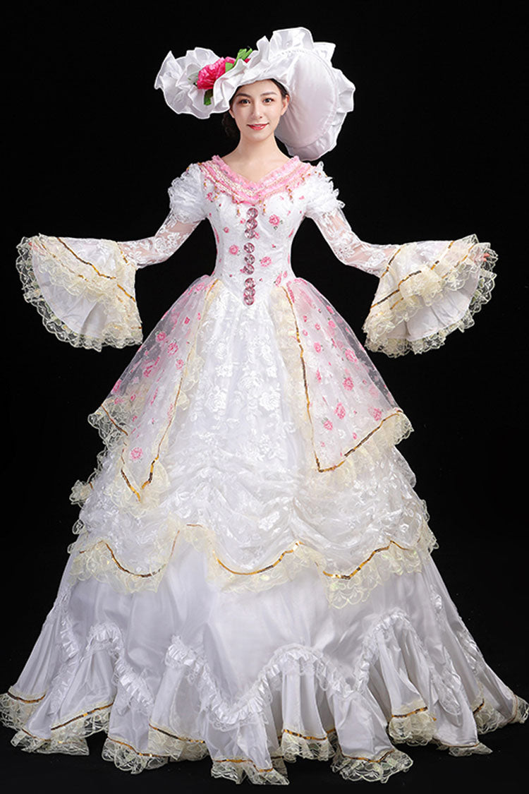 White Hime Sleeves High Waisted Lace Stitching Flower Print Victorian Lolita Prom Tiered Dress - Product - 2