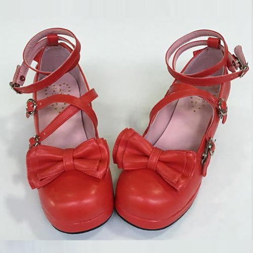 Red Bowknot Circular Buckle Low Heel Lolita Shoes - Red - 1